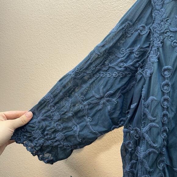 Boho Lace Whimsigoth Fairy Sheer Embroidered Top SZ M 3/4 Sleeves Cinched Y2K - Picture 5 of 8